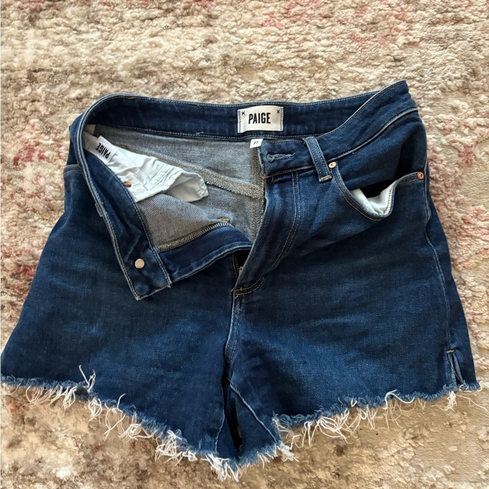 PAIGE Blue Jean Shorts with Raw Hem
